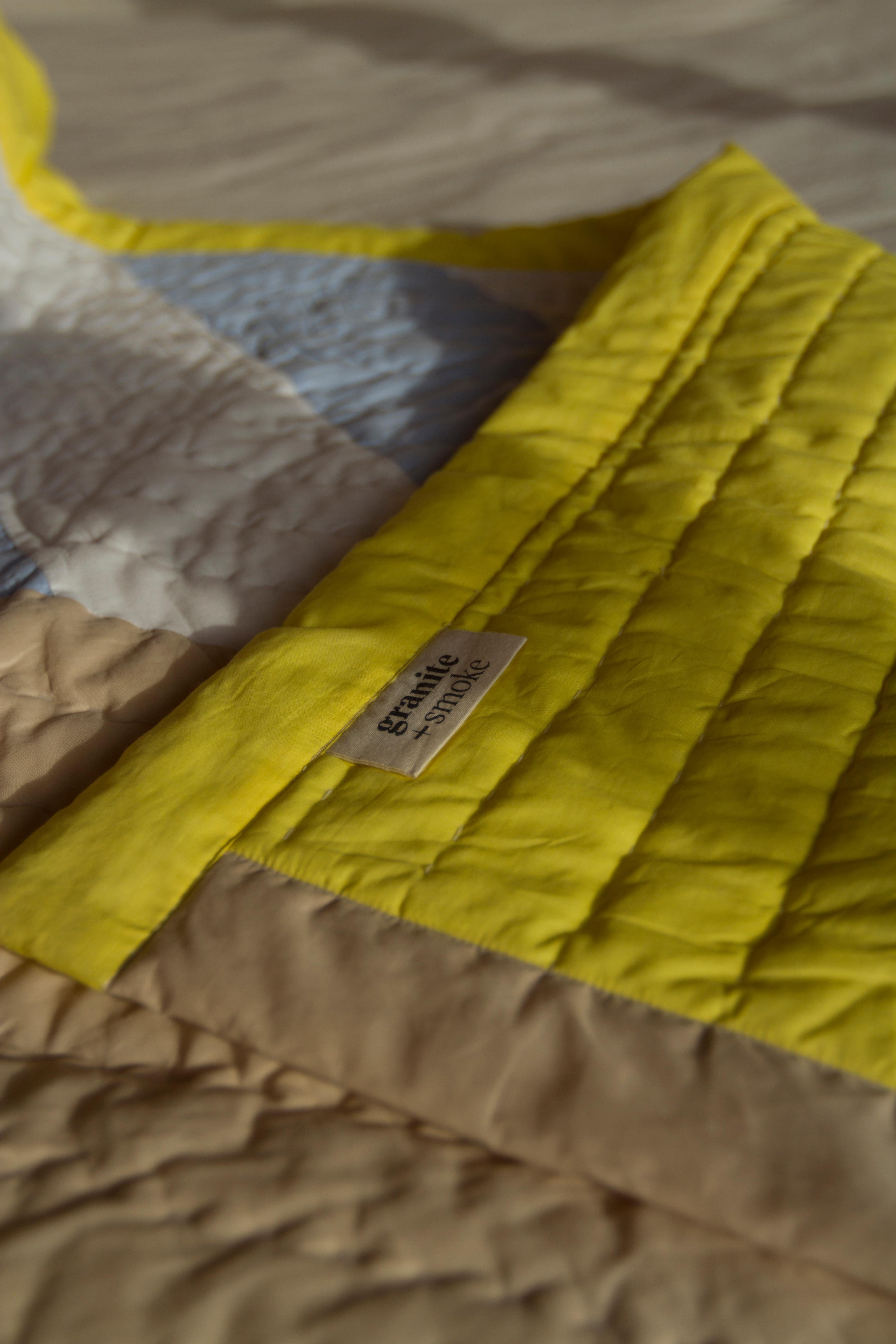 Blue & yellow, small hand quilted patchwork bed quilt, organic cotton, throw In New Condition For Sale In London, London
