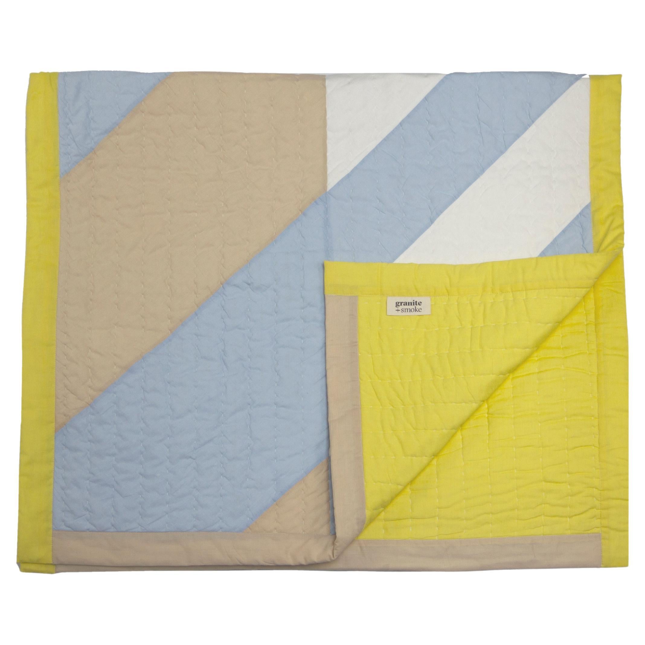 Blue & yellow, small hand quilted patchwork bed quilt, organic cotton, throw