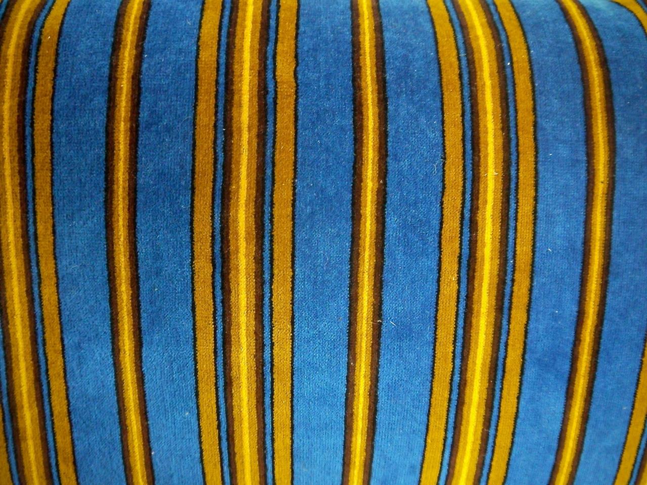 French Napoleon III cotton velvet cushion in smart stripes of blue, brown and yellow. Self-backed and slip-stitched closed with a duck feather cushion pad.