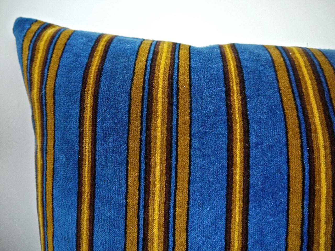 19th Century Blue Yellow Striped Cotton Velvet Pillow Napoleon III French