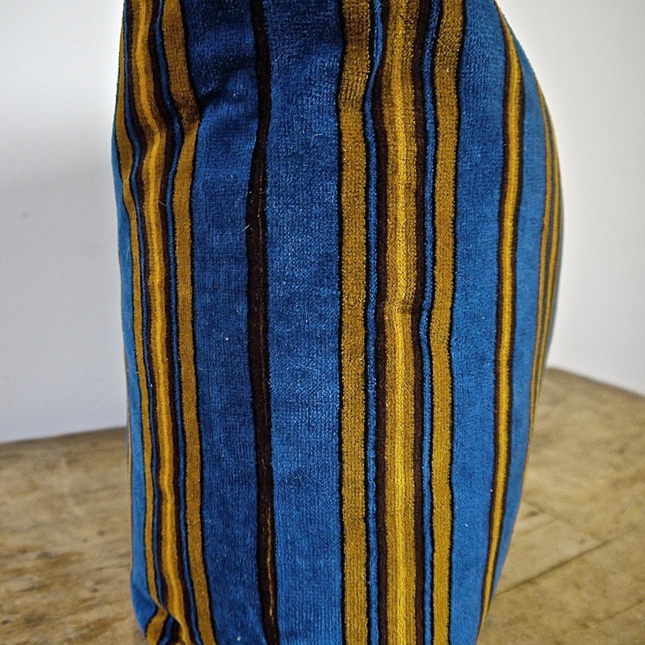 Blue Yellow Striped Cotton Velvet Pillow Napoleon III French 1
