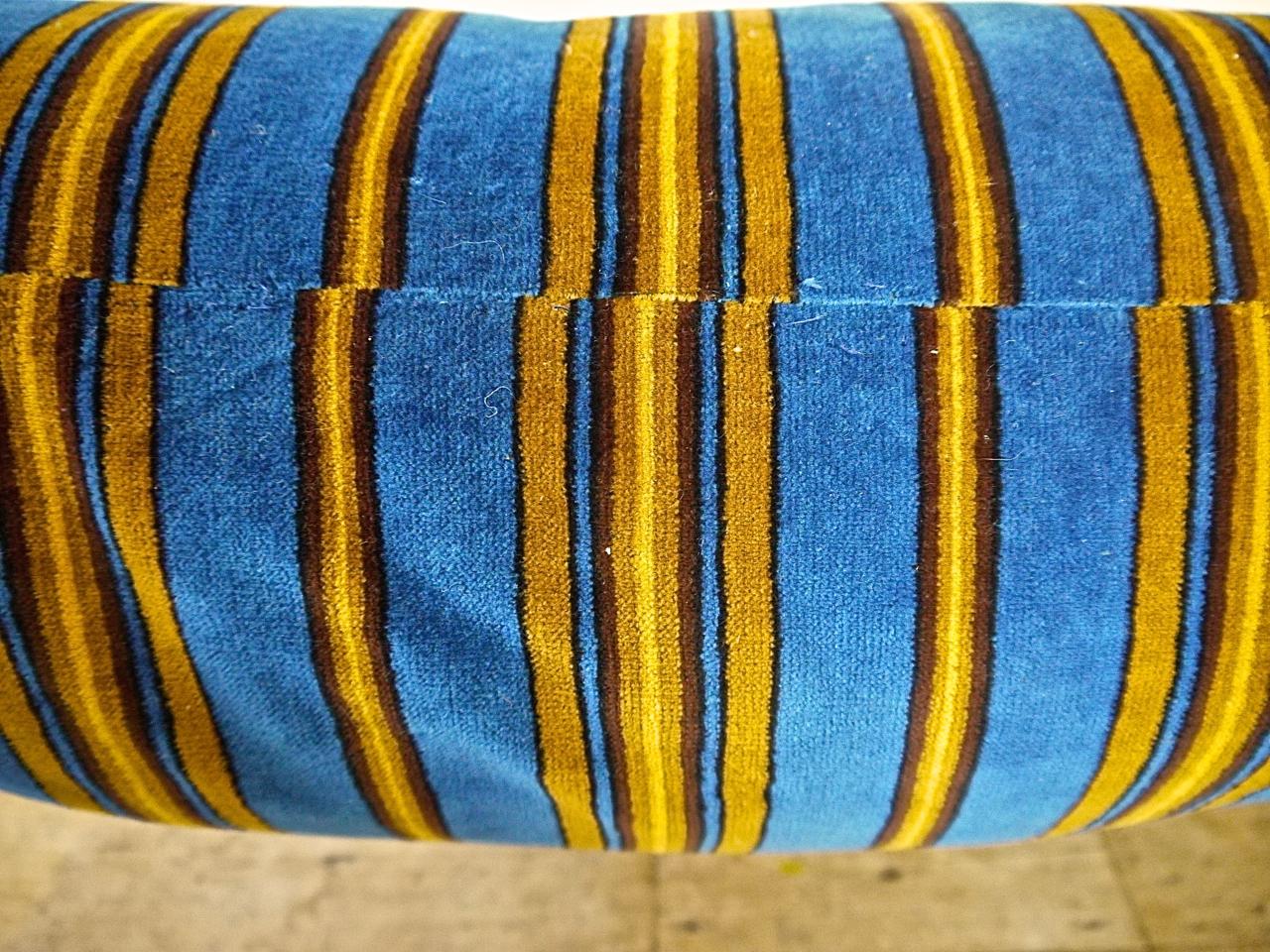 Blue Yellow Striped Cotton Velvet Pillow Napoleon III French 2
