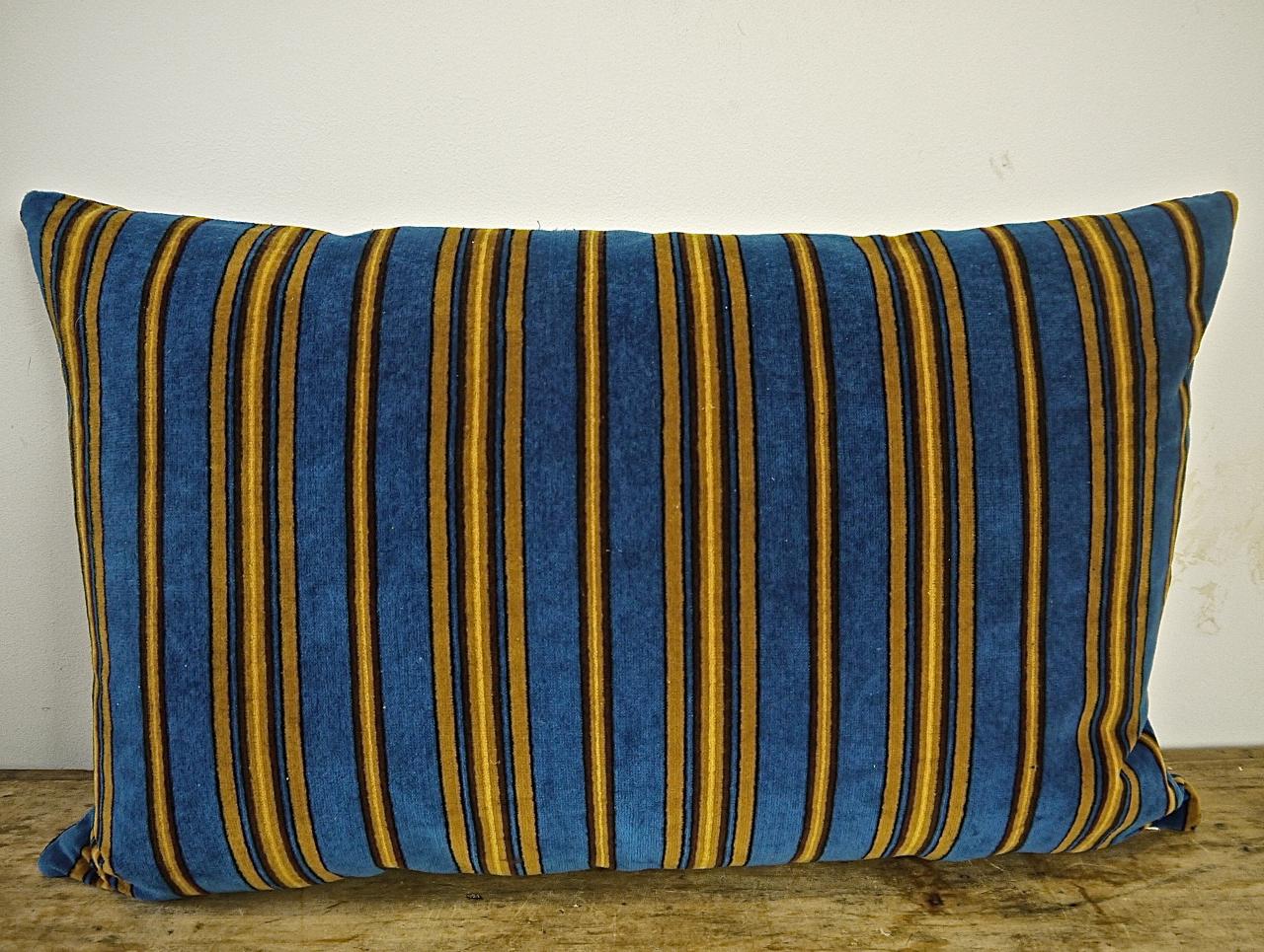 Blue Yellow Striped Cotton Velvet Pillow Napoleon III French 3