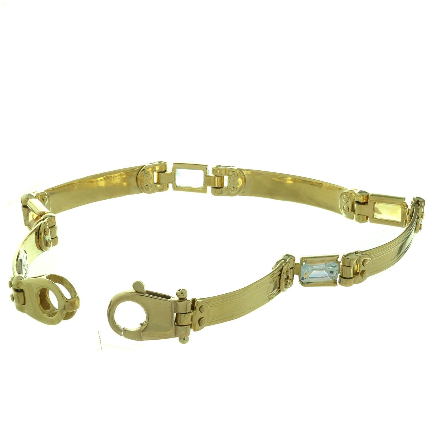 Baguette Cut Blue and Yellow Topaz Stones Italian Yellow Gold Bracelet For Sale