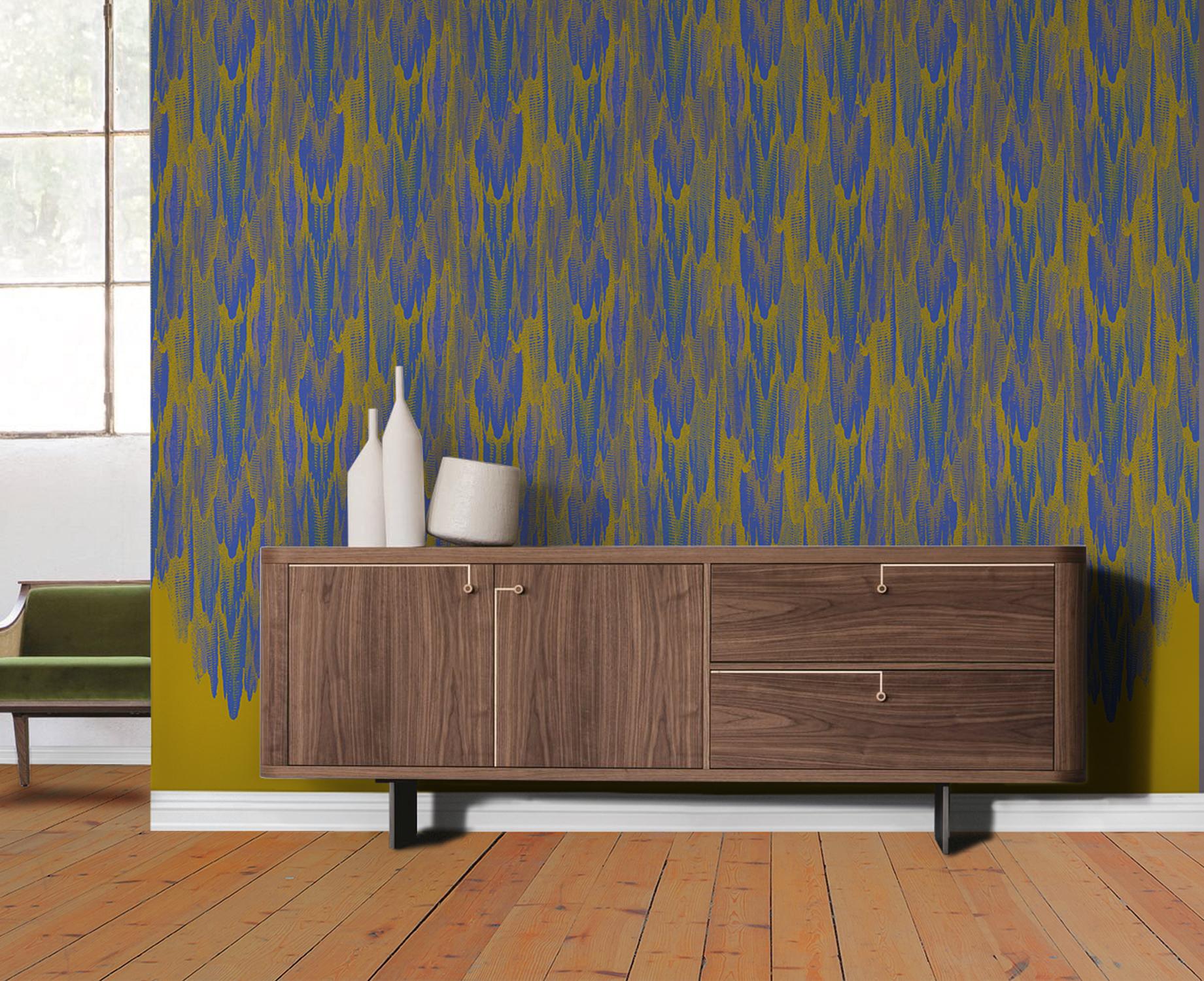 Paper Art Deco Inspired Blue & Yellow Wallpaper Panels: Grotto Majorelle For Sale