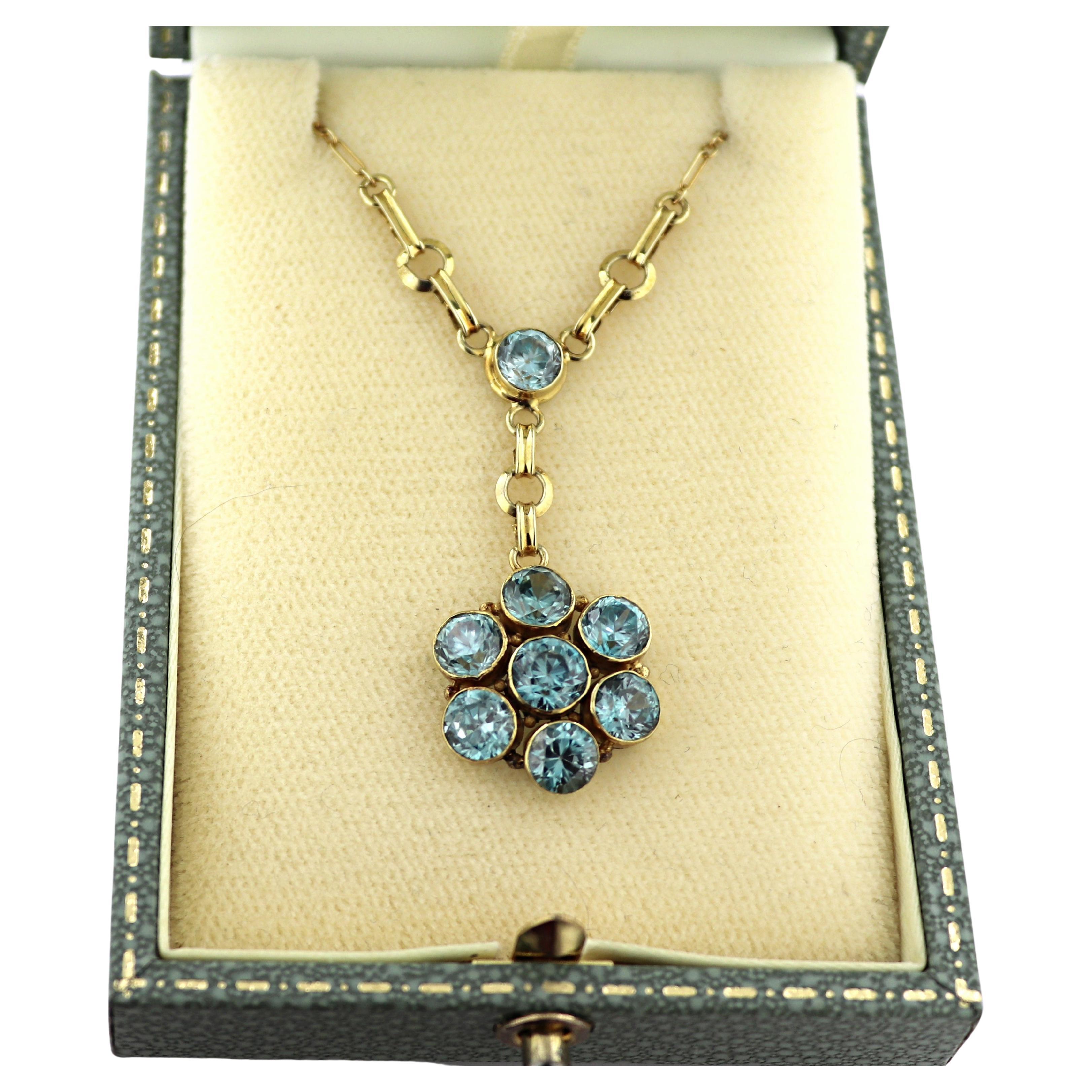 Blue Zircon, 14K Yellow Gold Lavalier Necklace For Sale