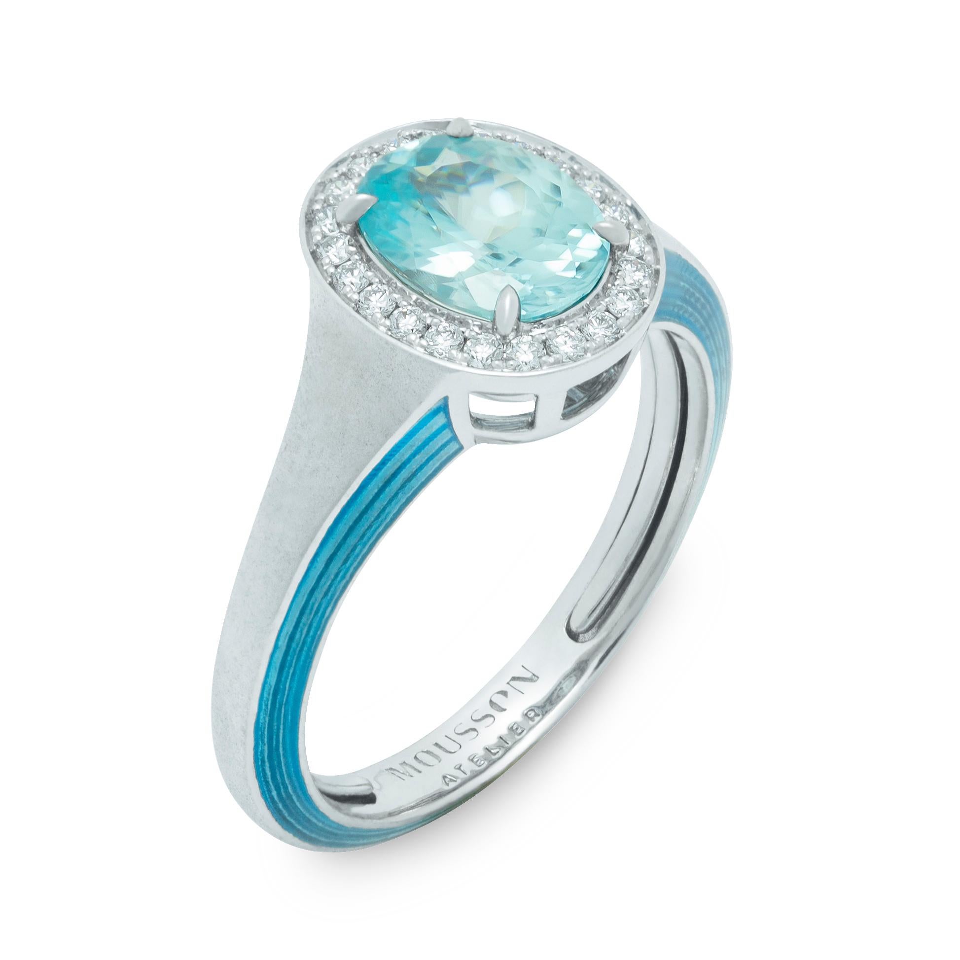 Blue Zircon 2.21 Carat Diamonds 18 Karat White Gold Enamel New Classic Ring
We have published a series of new Rings with the same idea but with different details. Introducing a Ring crafted from 18 Karat White Gold, which in a company with 2.21