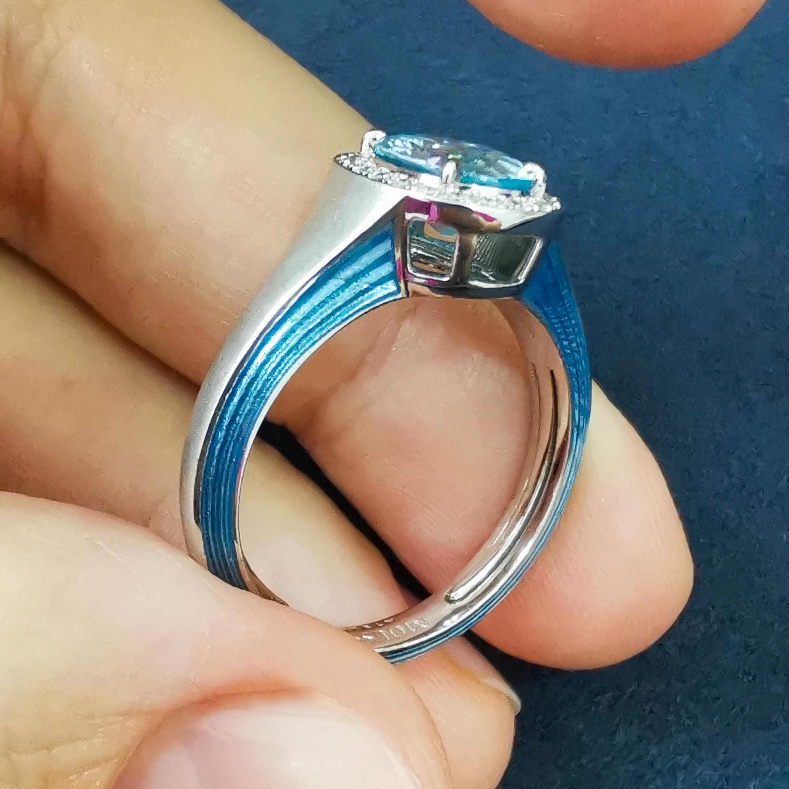 Contemporary Blue Zircon 2.21 Carat Diamonds 18 Karat White Gold Enamel New Classic Ring For Sale