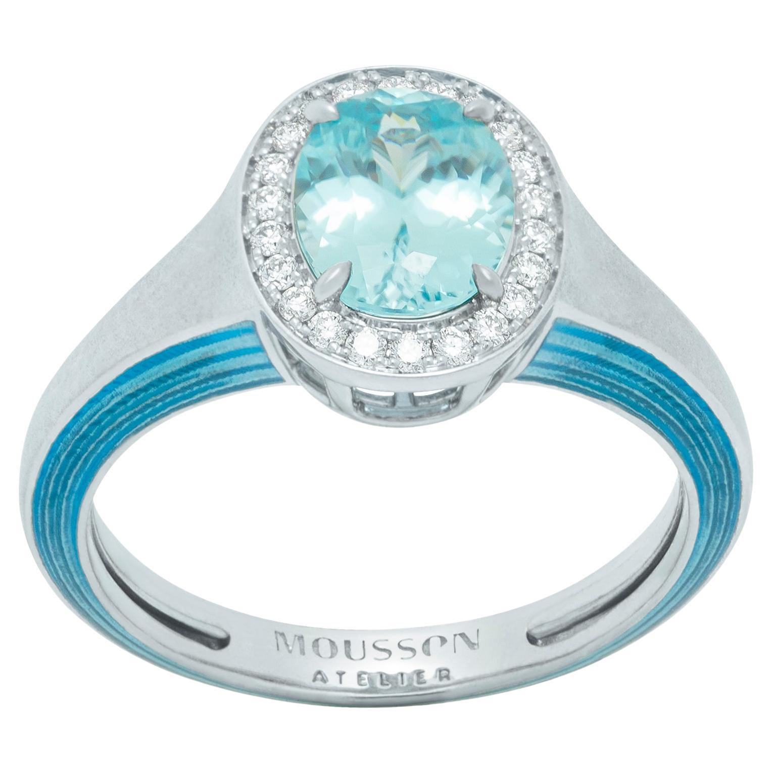 Blue Zircon 2.21 Carat Diamonds 18 Karat White Gold Enamel New Classic Ring For Sale