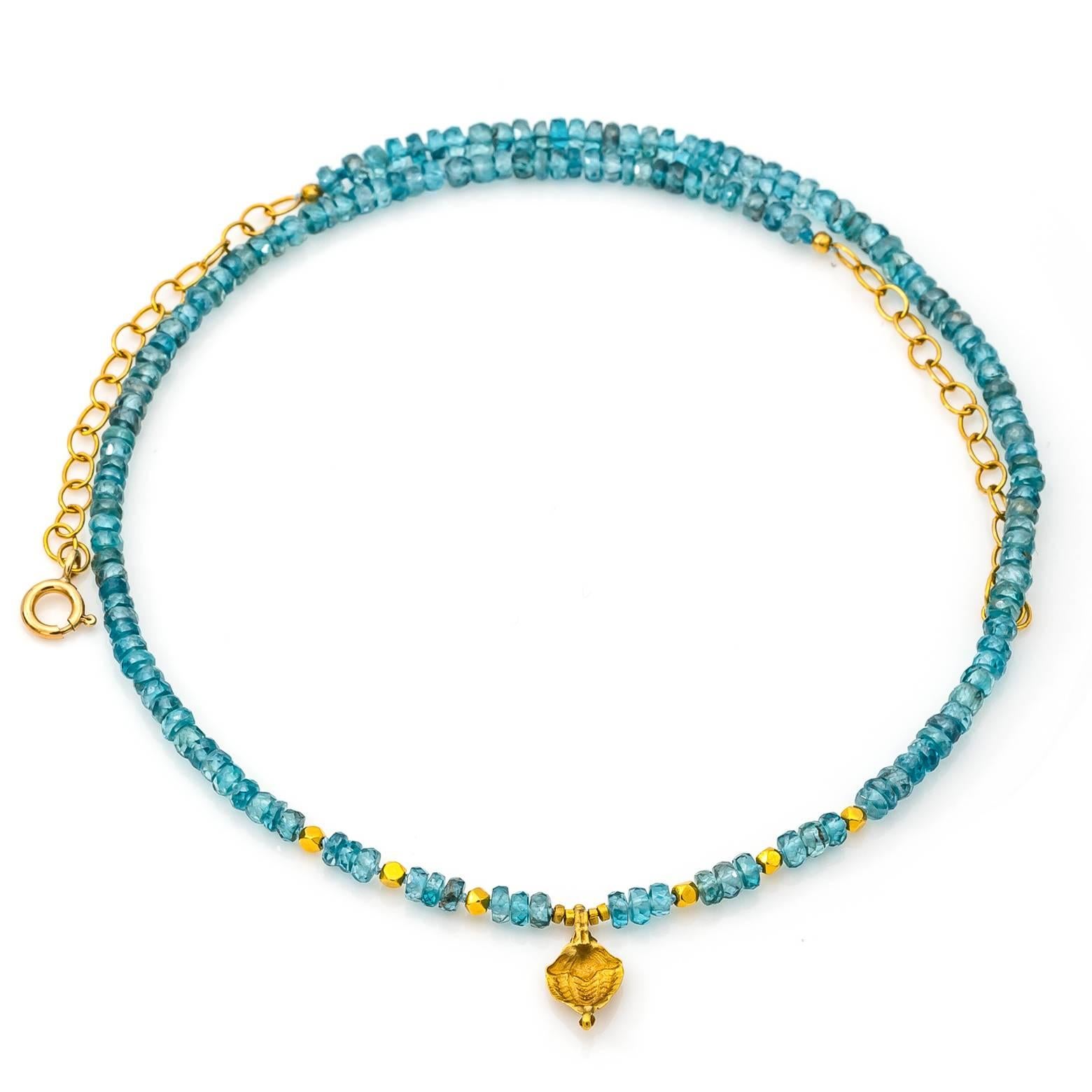 Blue Zircon and 18 Karat Gold Beaded Necklace In Excellent Condition In Berkeley, CA