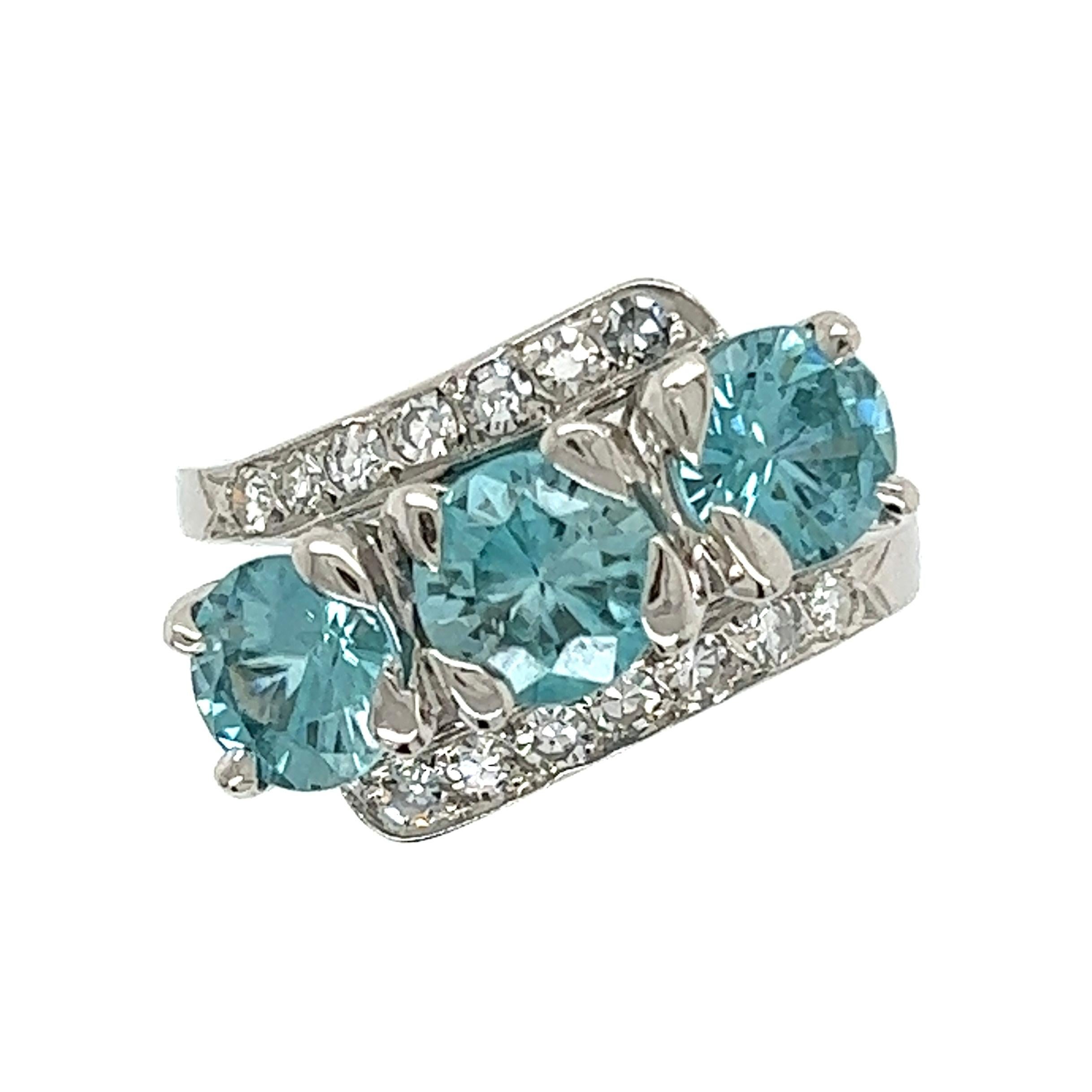 Vintage Blue Zircon Diamond 3-Stone Platinum Cocktail Ring Estate Fine Jewelry For Sale 1