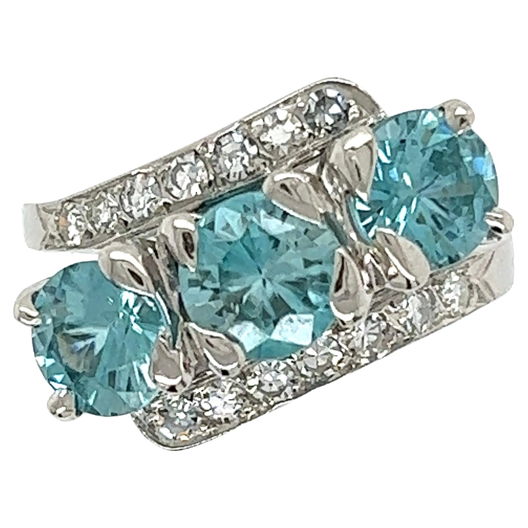 Vintage Blue Zircon Diamond 3-Stone Platinum Cocktail Ring Estate Fine Jewelry For Sale