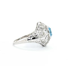 Blue Zircon and Diamond Art Deco Ring in 18k White Gold