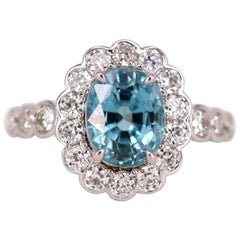 Blue Zircon and Diamond Cluster Ring