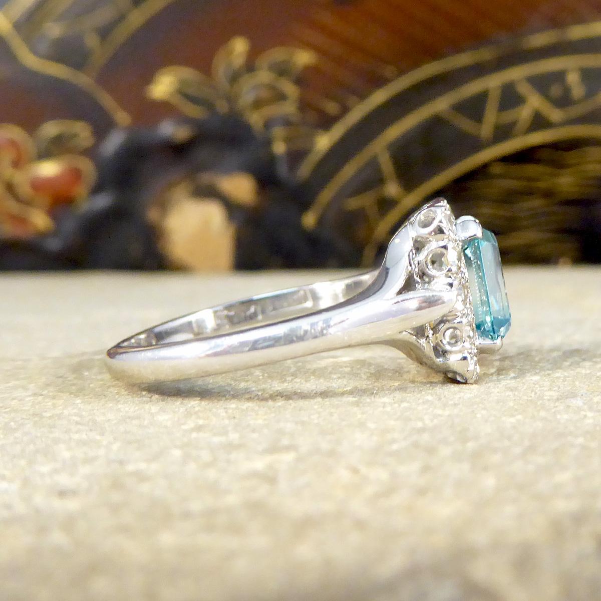 Art Deco Blue Zircon and Diamond Cluster ring in 18ct White Gold and Platinum