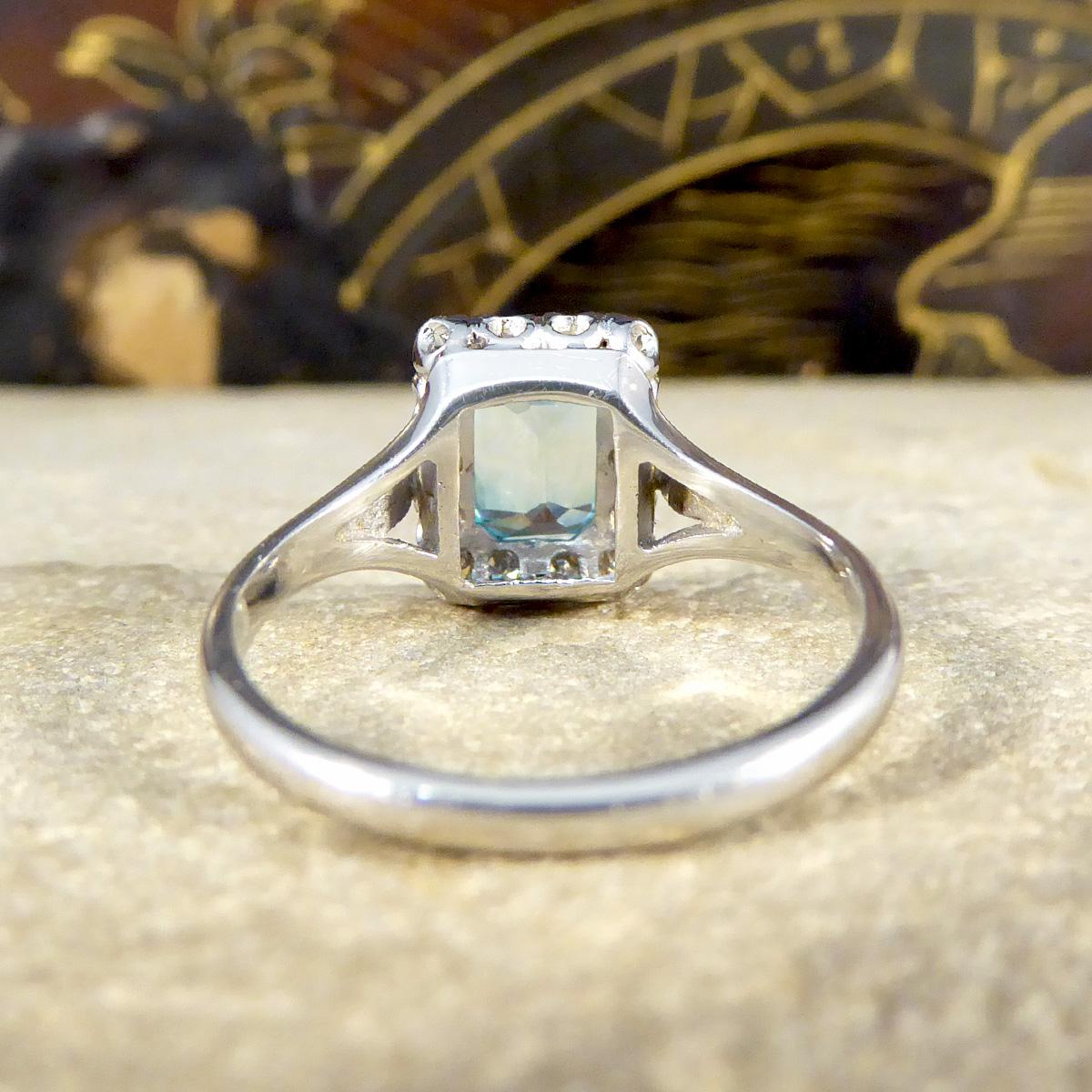 Emerald Cut Blue Zircon and Diamond Cluster ring in 18ct White Gold and Platinum For Sale