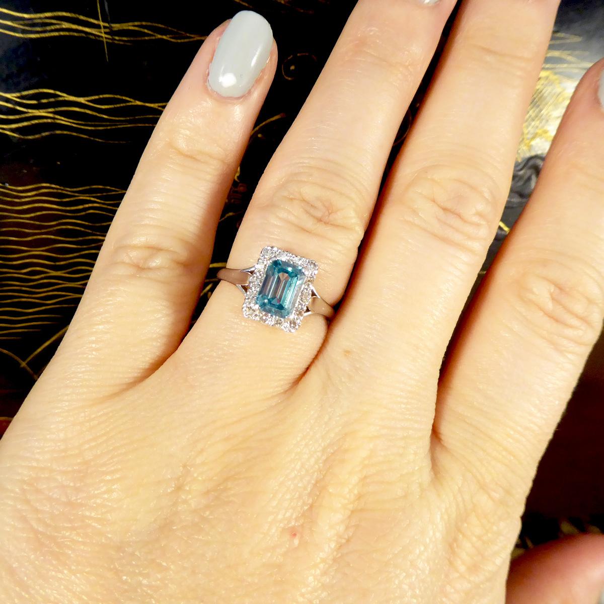 Blue Zircon and Diamond Cluster ring in 18ct White Gold and Platinum 1
