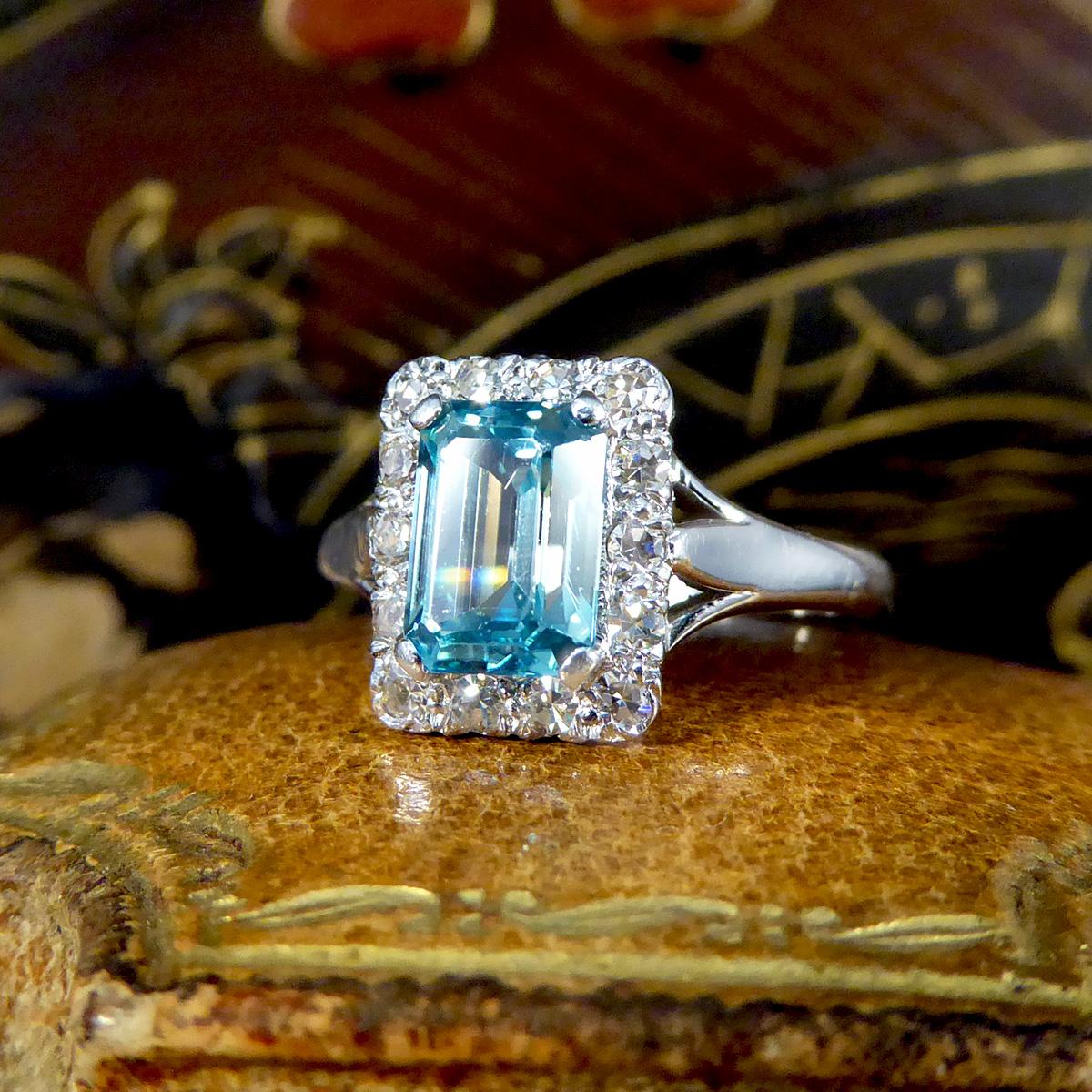 Blue Zircon and Diamond Cluster ring in 18ct White Gold and Platinum ...