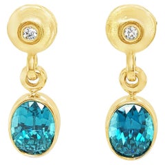 Blue Zircon and Diamond Drop Earrings in 18k Yellow Gold, 10.62 Carats Total
