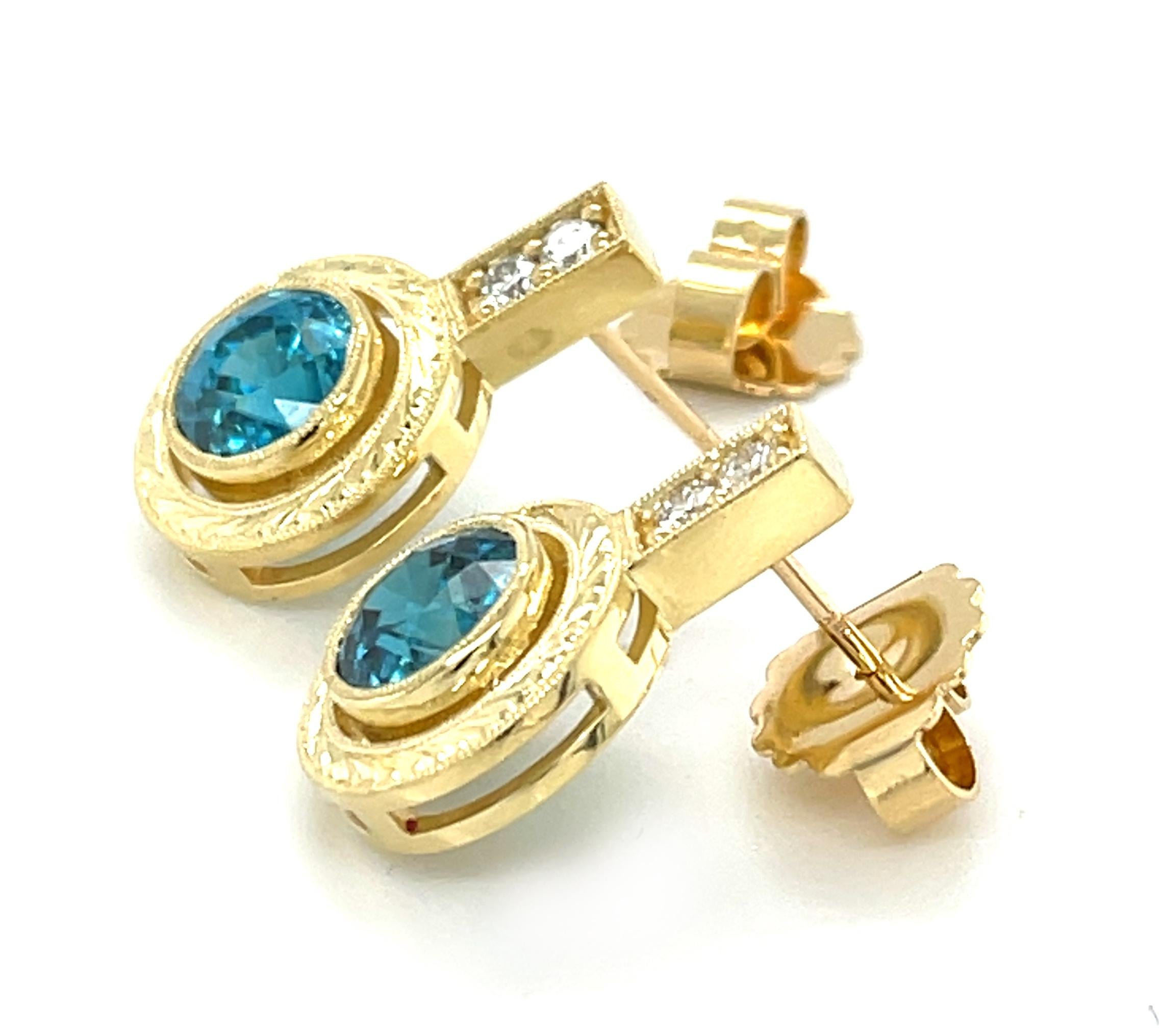 Round Cut Blue Zircon and Diamond Drop Earrings in 18k Yellow Gold, 5.52 Carats Total For Sale