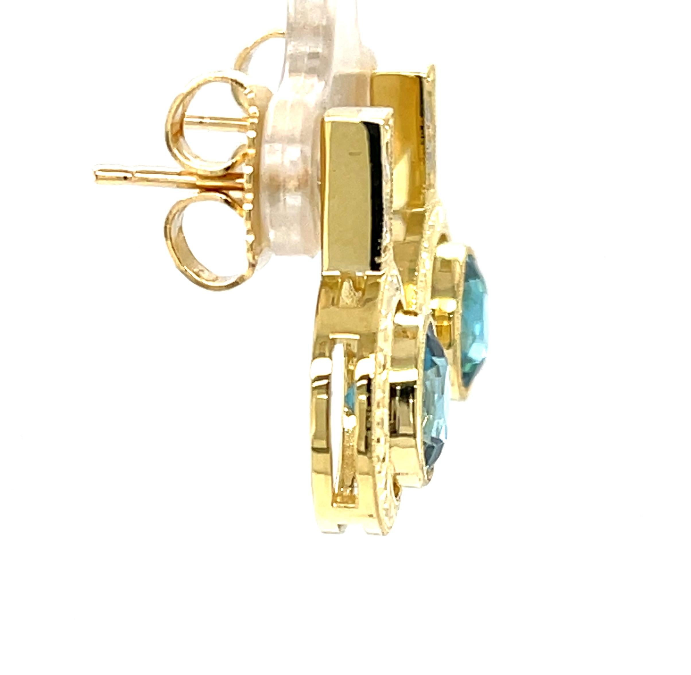 Blue Zircon and Diamond Drop Earrings in 18k Yellow Gold, 5.52 Carats Total In New Condition For Sale In Los Angeles, CA
