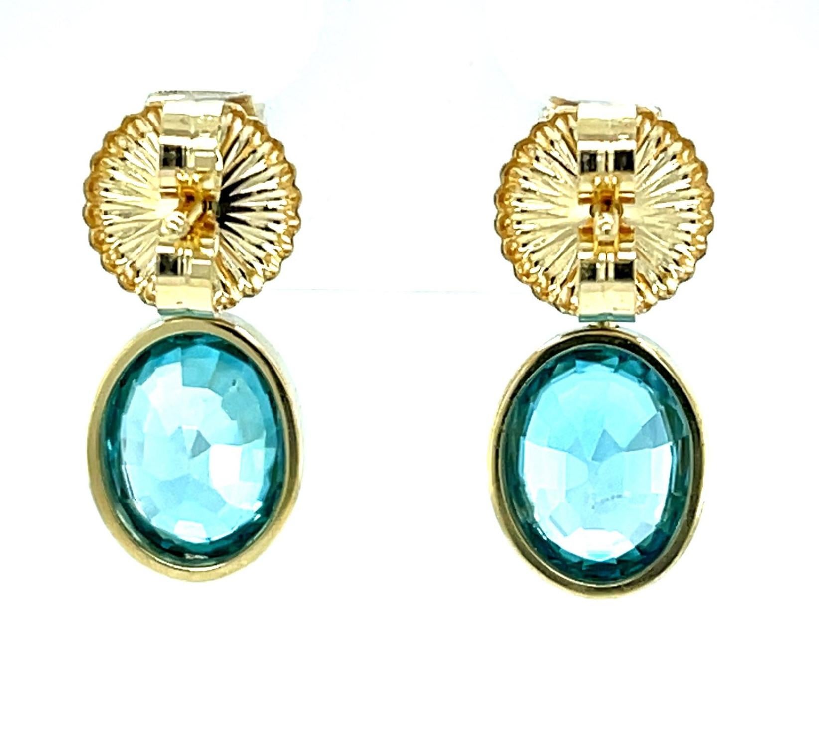Artisan Blue Zircon and Diamond Drop Earrings in Yellow Gold, 9.38 Carats Total For Sale