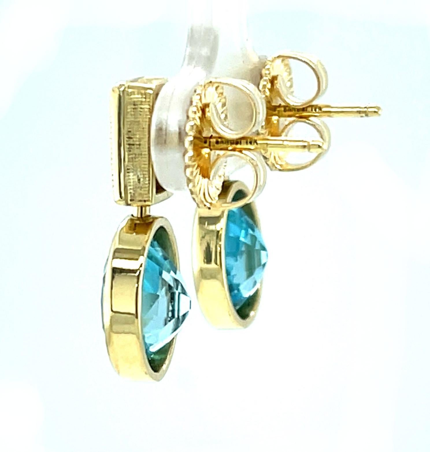 Blue Zircon and Diamond Drop Earrings in Yellow Gold, 9.38 Carats Total In New Condition For Sale In Los Angeles, CA