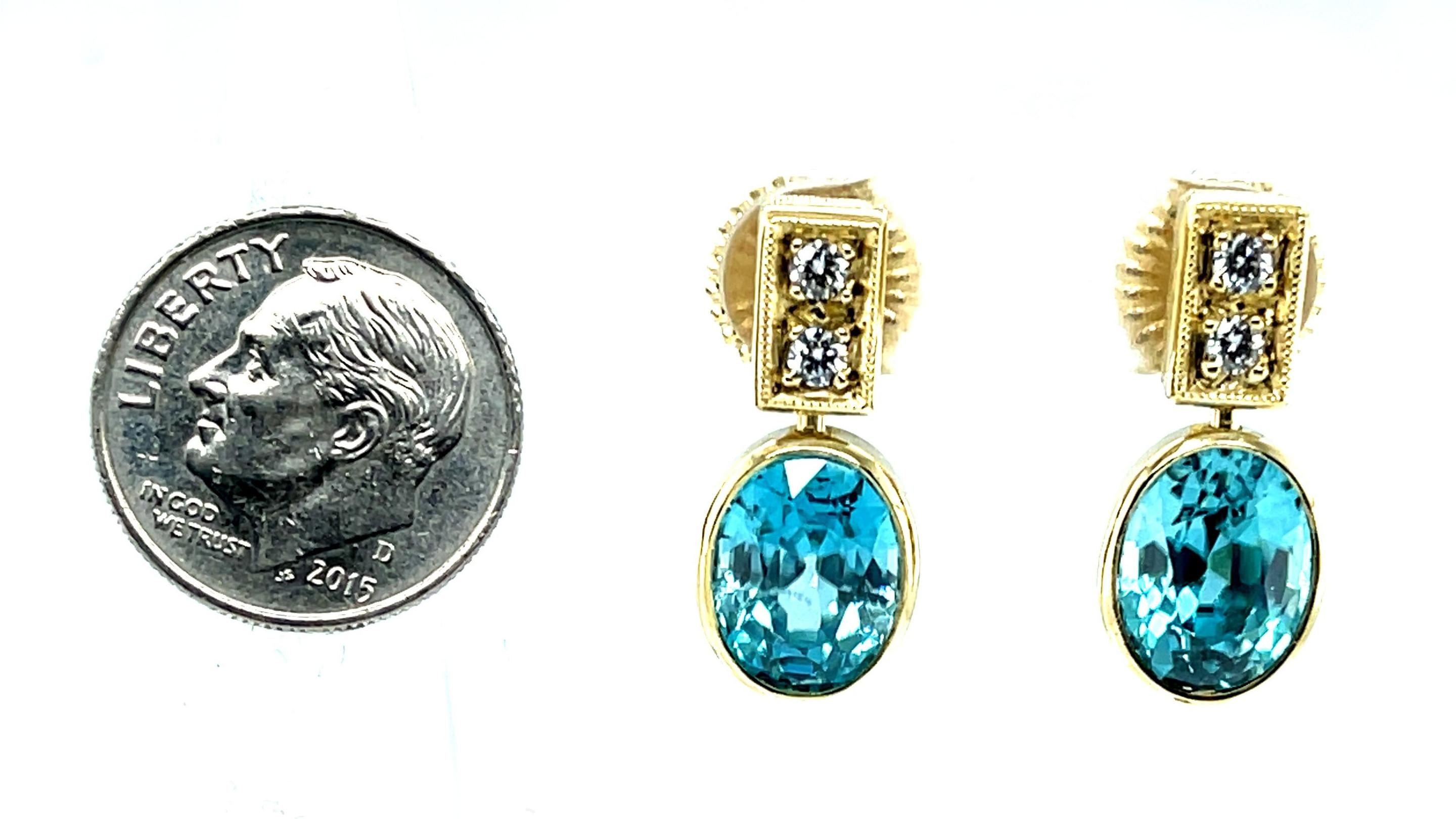 Blue Zircon and Diamond Drop Earrings in Yellow Gold, 9.38 Carats Total For Sale 1