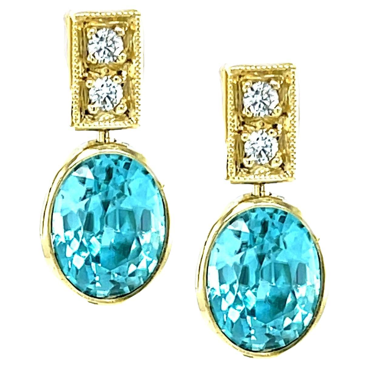 Blue Zircon and Diamond Drop Earrings in Yellow Gold, 9.38 Carats Total For Sale