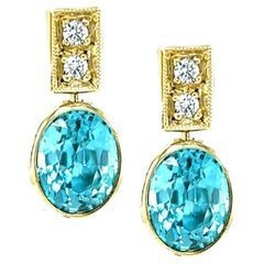 Blue Zircon and Diamond Drop Earrings in Yellow Gold, 9.38 Carats Total