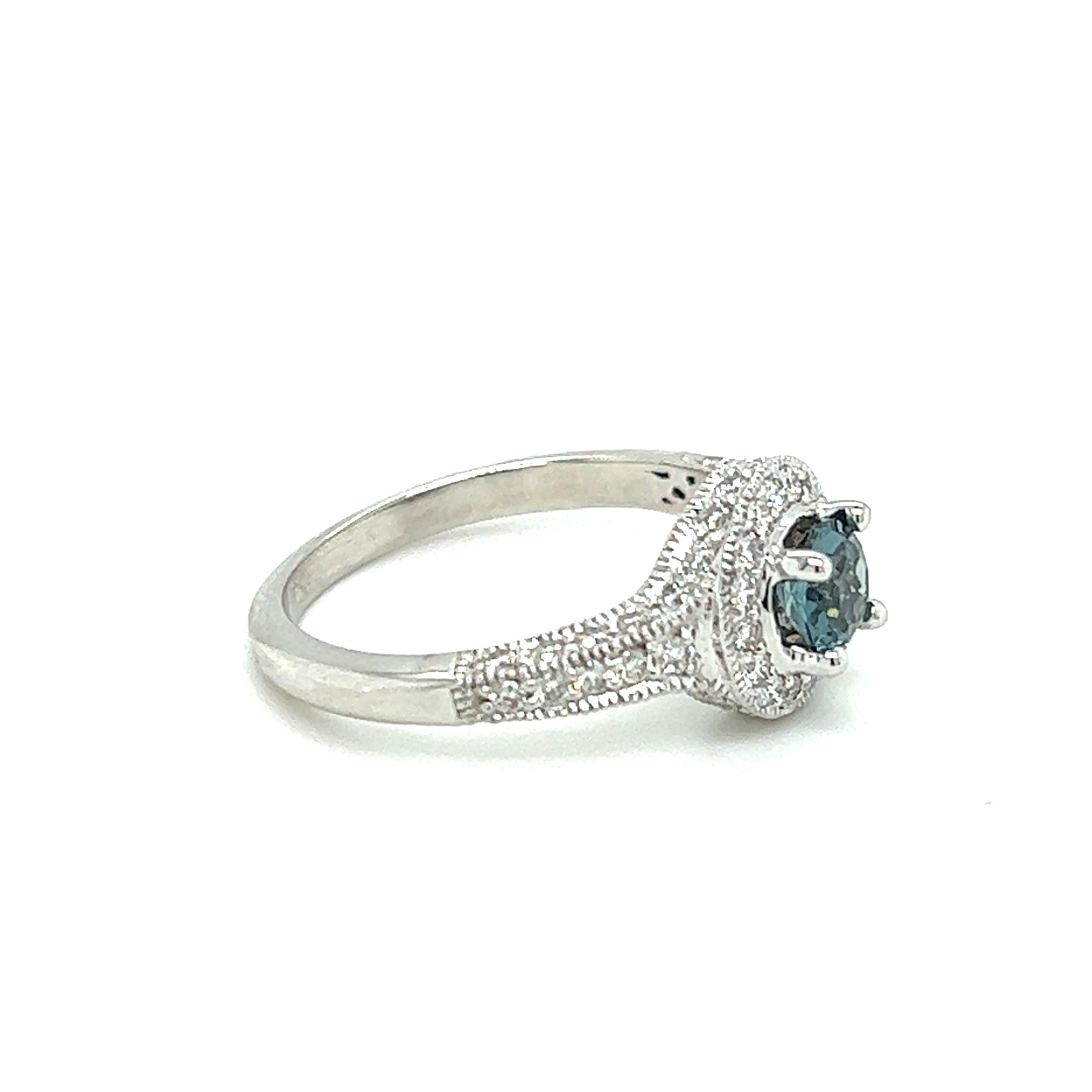 Round Cut Blue Zircon and Diamond Halo Ring in 14k White Gold For Sale