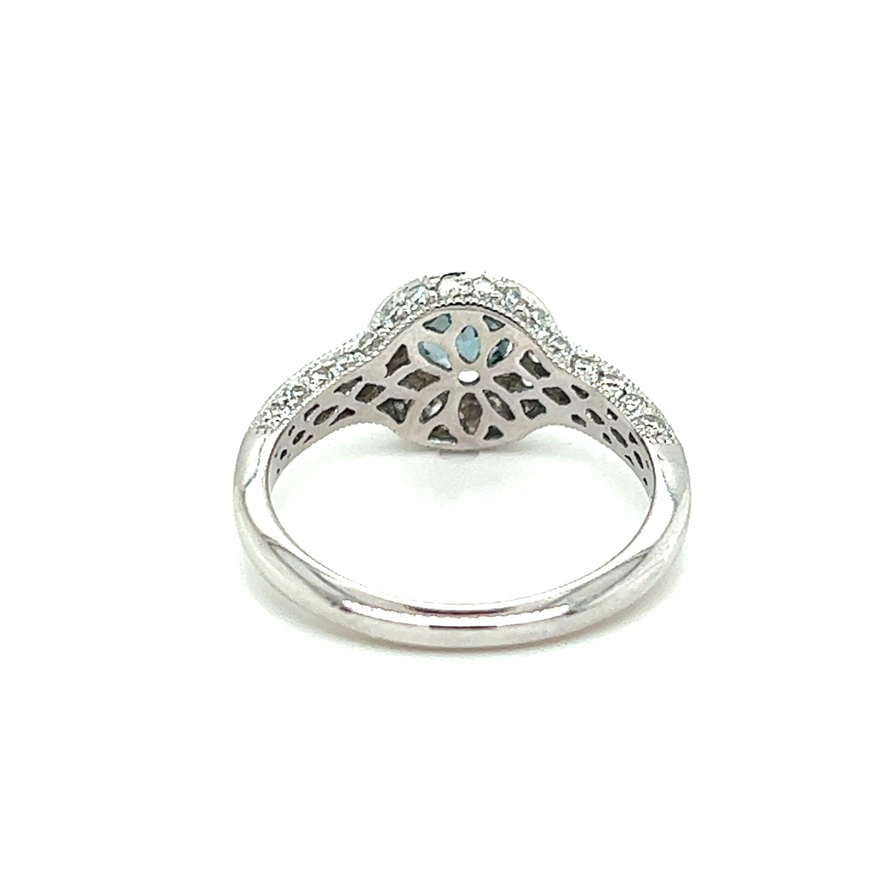 Blue Zircon and Diamond Halo Ring in 14k White Gold In Good Condition For Sale In Towson, MD