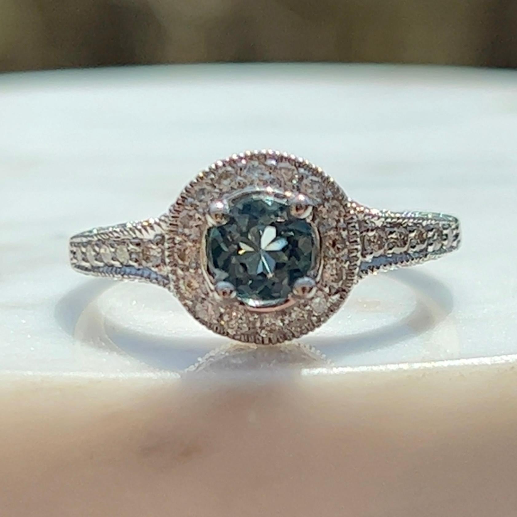 Women's Blue Zircon and Diamond Halo Ring in 14k White Gold For Sale