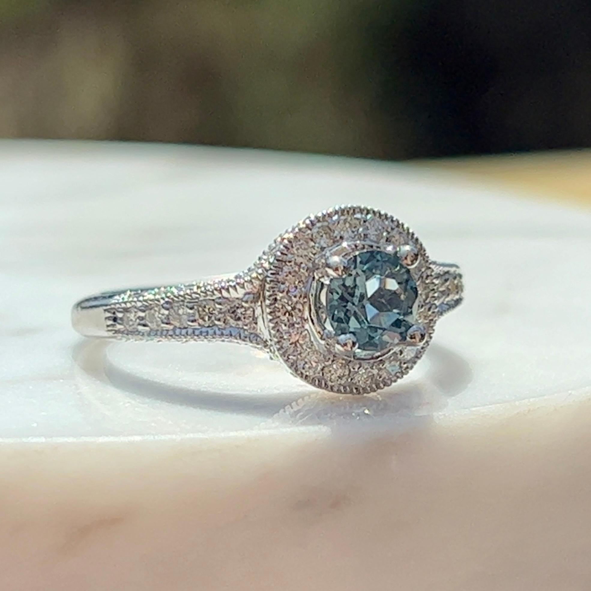 Blue Zircon and Diamond Halo Ring in 14k White Gold For Sale 2