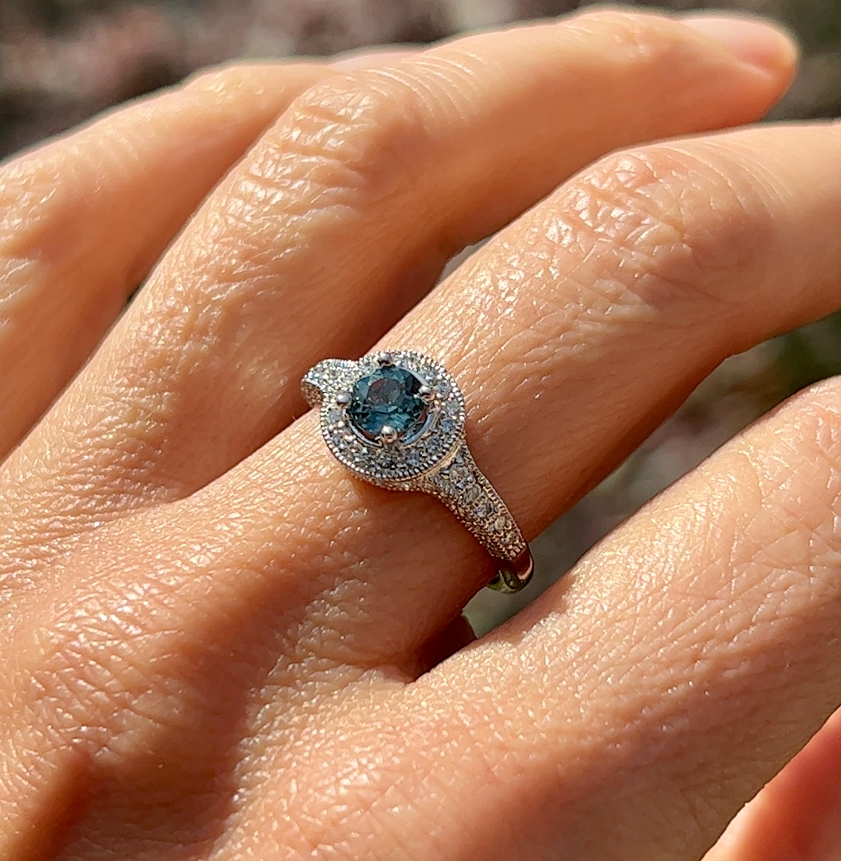 Blue Zircon and Diamond Halo Ring in 14k White Gold For Sale 3