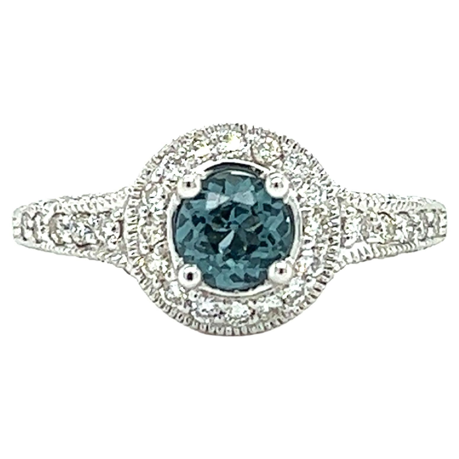 Blue Zircon and Diamond Halo Ring in 14k White Gold For Sale