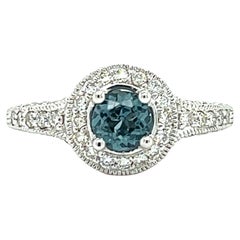 Blue Zircon and Diamond Halo Ring in 14k White Gold