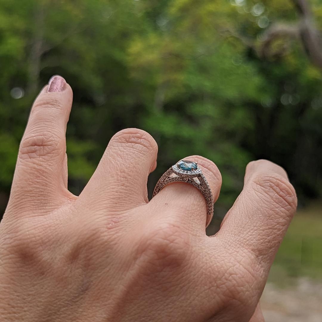 Women's Blue Zircon and Diamond Halo Ring in 14kt White Gold For Sale
