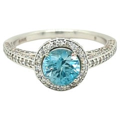 Blue Zircon and Diamond Halo Ring in 14kt White Gold