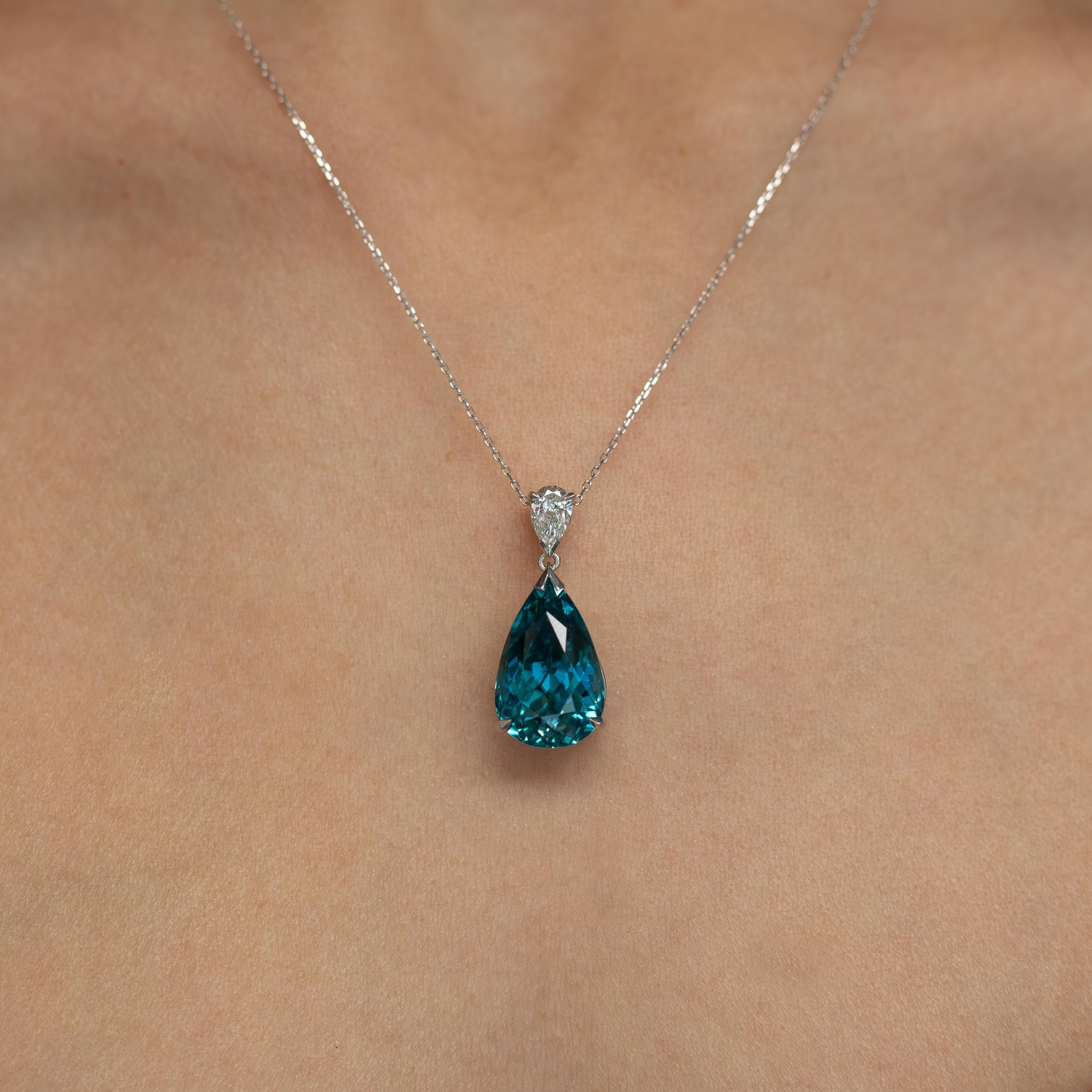 Pear Cut Blue Zircon and Diamond Pendant Chain in 18 Karat White Gold For Sale