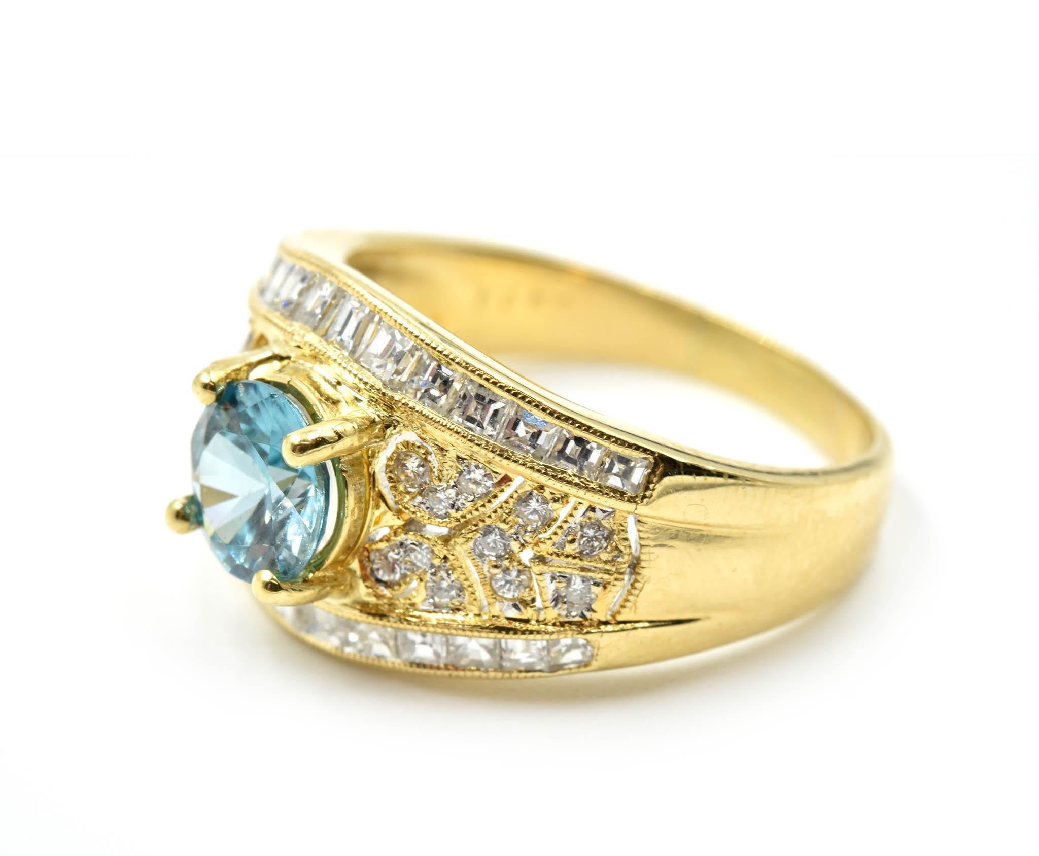 Modern Blue Zircon and Diamond Ring 18 Karat Yellow Gold