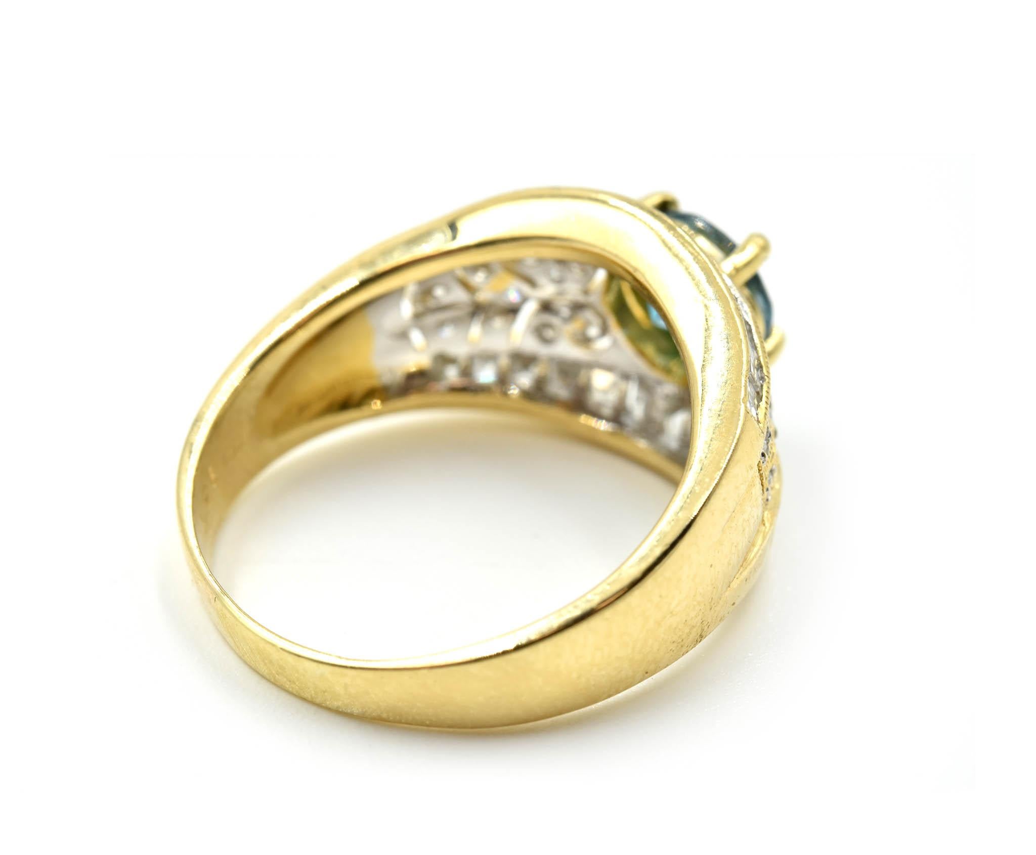 Round Cut Blue Zircon and Diamond Ring 18 Karat Yellow Gold