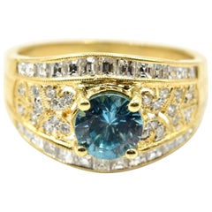 Blue Zircon and Diamond Ring 18 Karat Yellow Gold