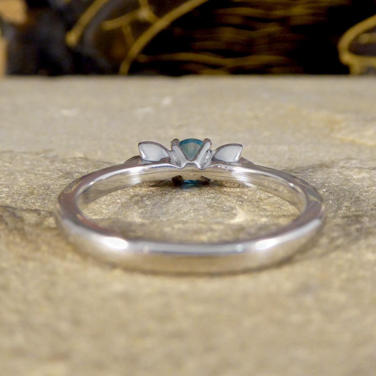 Round Cut Blue Zircon and Diamond set Butterfly Ring in Platinum For Sale