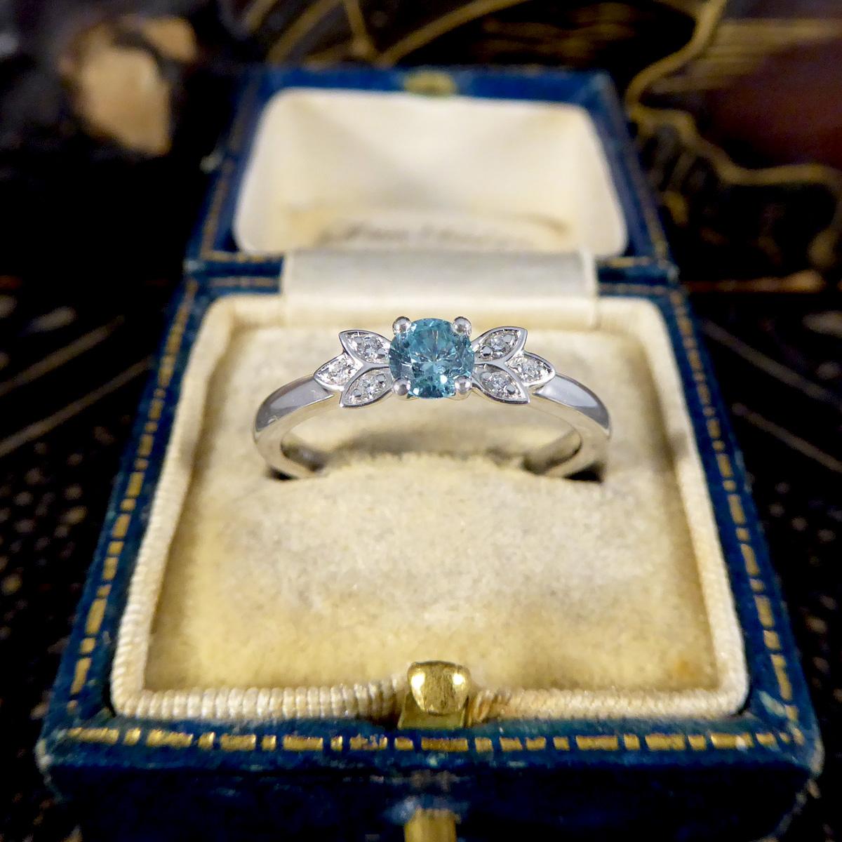 Women's Blue Zircon and Diamond set Butterfly Ring in Platinum For Sale