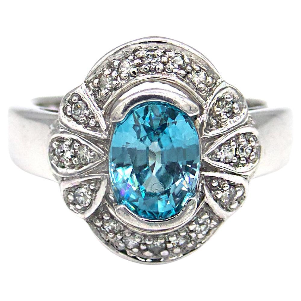Blue Zircon and Diamond White Gold Antique Style Ring For Sale