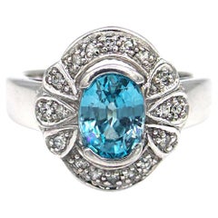 Blue Zircon and Diamond White Gold Vintage Style Ring