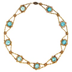 Antique Blue Zircon and gold links Chocker Necklace in 14 Karat Gold, circa 1920