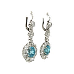 Blue Zircon and OEC Diamond Platinum Art Deco Drop Earrings Estate Fine Jewelry