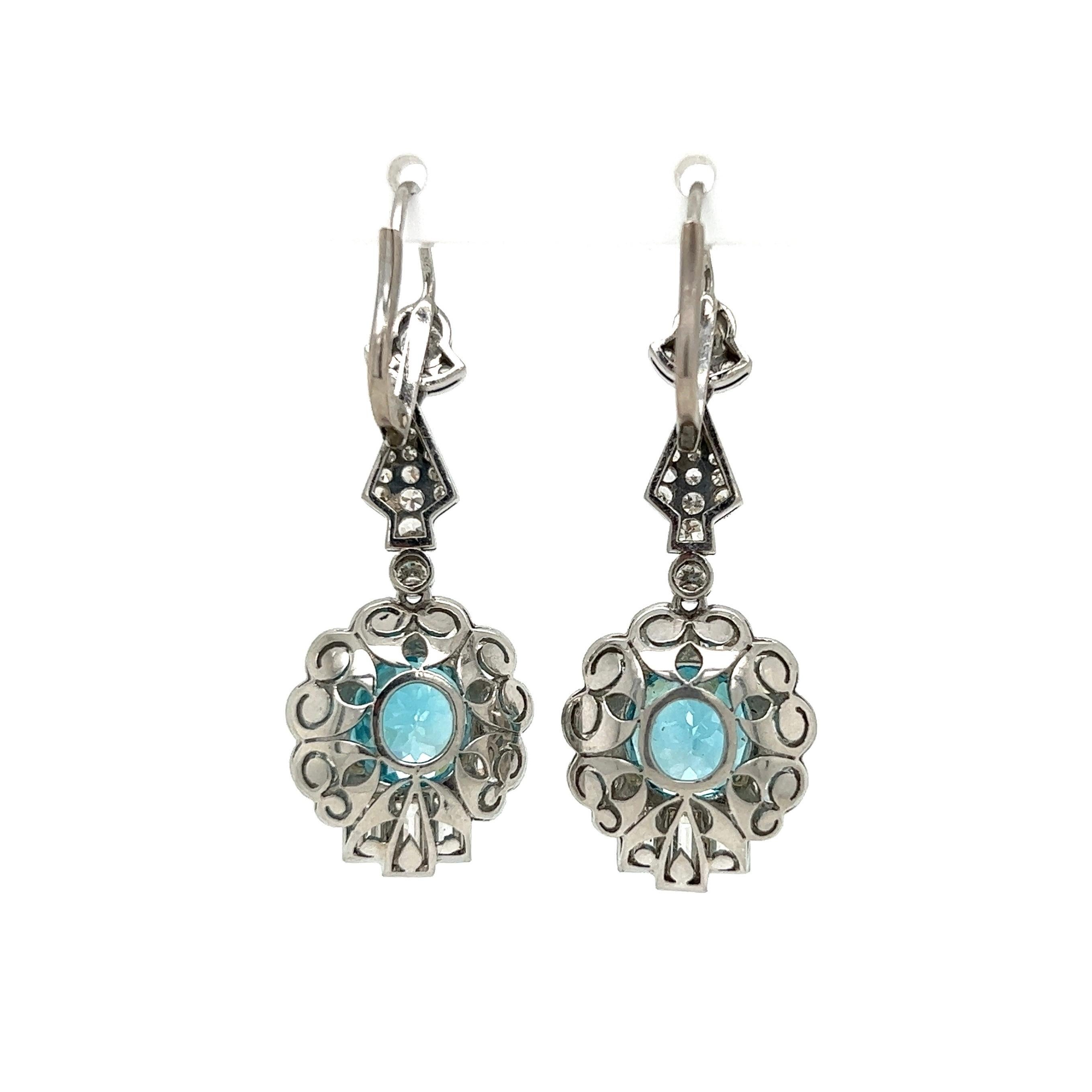 Women's Blue Zircon and OEC Diamond Platinum Art Deco Drop Earrings Estate Fine Jewelry For Sale